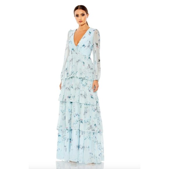 Anthropologie Mac Duggal Ruffled Floral Print Illusion Long Sleeve Gown Dress 14 - Picture 4 of 9